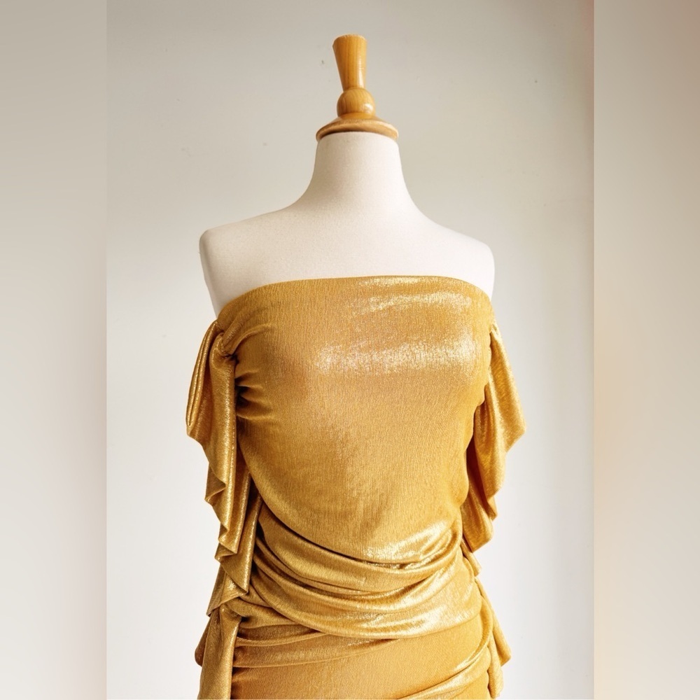 AKIRA Metallic Gold Strapless Midi Dress | Ruched Fringe Bodycon Size Small - Picture 3 of 7